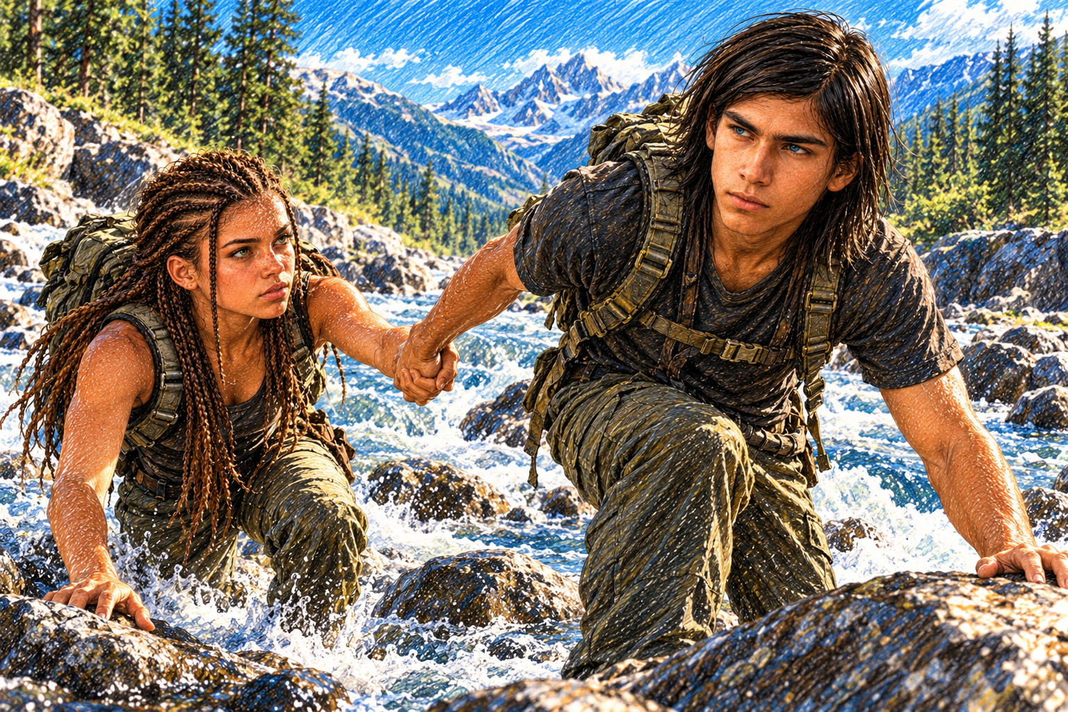 Tara and Tommy crossing a mountain stream
